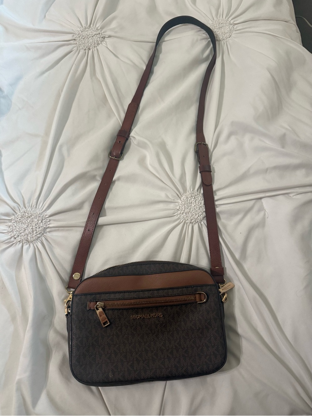 Michael Kors Brown Signature Crossbody with Tan Trim
